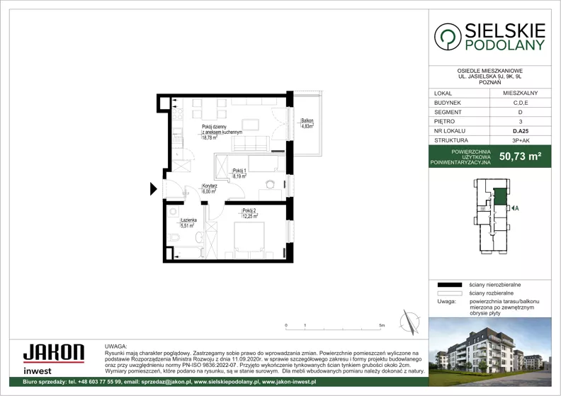 3 pokoje, mieszkanie 50,73 m², piętro 3, oferta nr D.A25, Sielskie Podolany, Poznań, Podolany, Podolany, ul. Jasielska 9