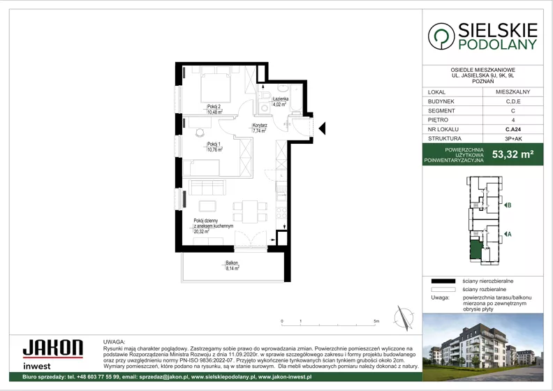 3 pokoje, mieszkanie 53,32 m², piętro 4, oferta nr C.A24, Sielskie Podolany, Poznań, Podolany, Podolany, ul. Jasielska 9