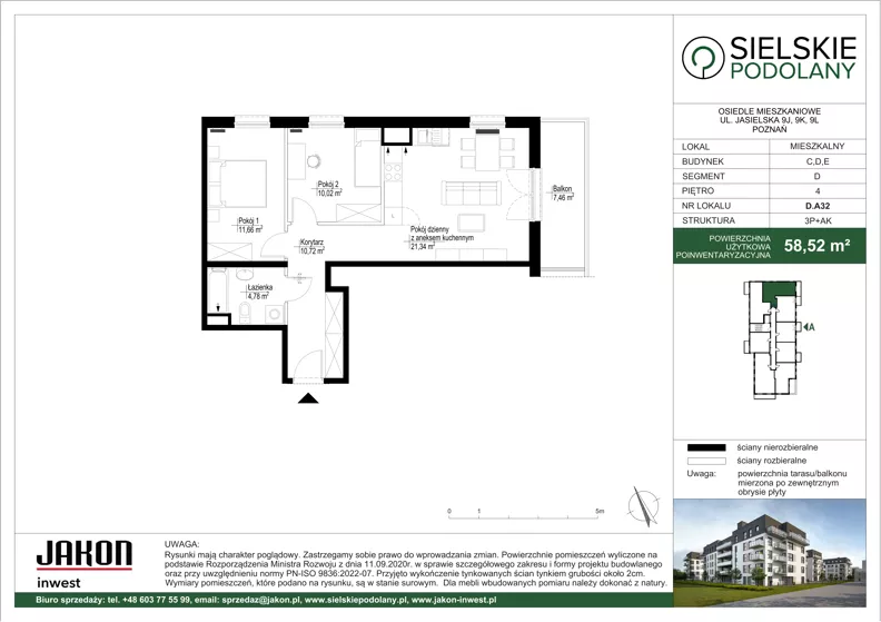 3 pokoje, mieszkanie 58,52 m², piętro 4, oferta nr D.A32, Sielskie Podolany, Poznań, Podolany, Podolany, ul. Jasielska 9