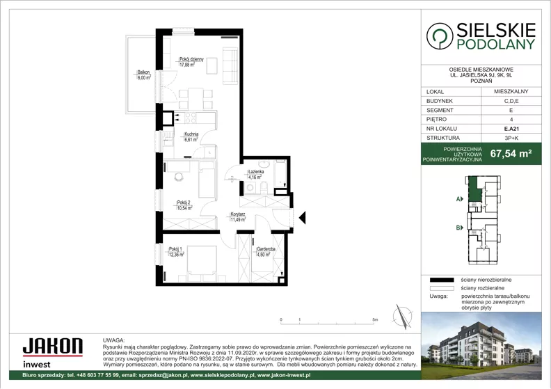 3 pokoje, mieszkanie 67,54 m², piętro 4, oferta nr E.A21, Sielskie Podolany, Poznań, Podolany, Podolany, ul. Jasielska 9