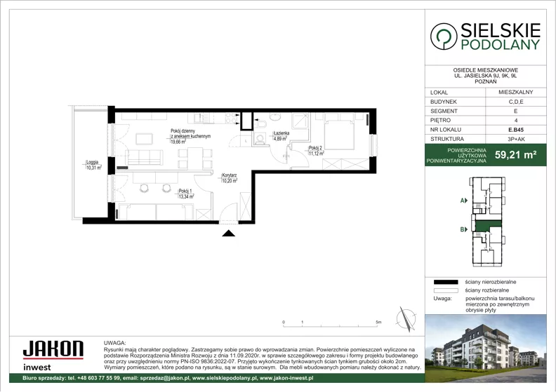 3 pokoje, mieszkanie 59,21 m², piętro 4, oferta nr E.B45, Sielskie Podolany, Poznań, Podolany, Podolany, ul. Jasielska 9