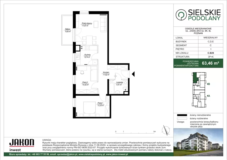 3 pokoje, mieszkanie 63,46 m², piętro 1, oferta nr C.B29, Sielskie Podolany, Poznań, Podolany, Podolany, ul. Jasielska 9