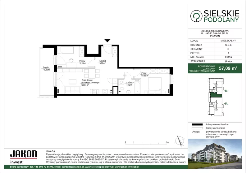 3 pokoje, mieszkanie 57,09 m², piętro 1, oferta nr C.B33, Sielskie Podolany, Poznań, Podolany, Podolany, ul. Jasielska 9