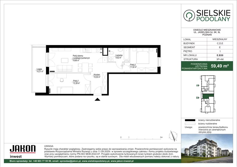 3 pokoje, mieszkanie 59,49 m², piętro 1, oferta nr E.B30, Sielskie Podolany, Poznań, Podolany, Podolany, ul. Jasielska 9