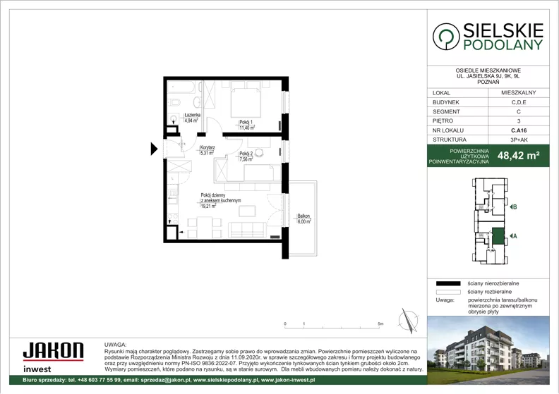 3 pokoje, mieszkanie 48,42 m², piętro 3, oferta nr C.A16, Sielskie Podolany, Poznań, Podolany, Podolany, ul. Jasielska 9