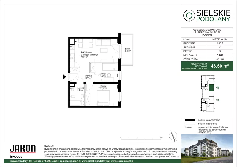 3 pokoje, mieszkanie 48,60 m², piętro 3, oferta nr C.B42, Sielskie Podolany, Poznań, Podolany, Podolany, ul. Jasielska 9