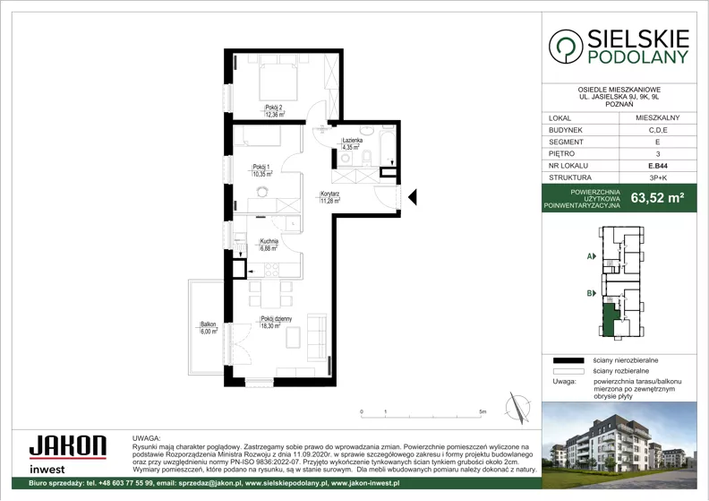 3 pokoje, mieszkanie 63,52 m², piętro 3, oferta nr E.B44, Sielskie Podolany, Poznań, Podolany, Podolany, ul. Jasielska 9