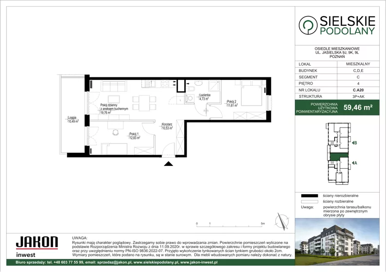 3 pokoje, mieszkanie 59,46 m², piętro 4, oferta nr C.A20, Sielskie Podolany, Poznań, Podolany, Podolany, ul. Jasielska 9