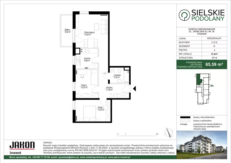 3 pokoje, mieszkanie 65,59 m², piętro 4, oferta nr D.A31, Sielskie Podolany, Poznań, Podolany, Podolany, ul. Jasielska 9