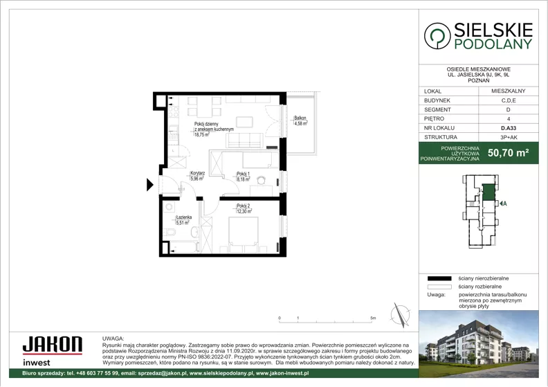 3 pokoje, mieszkanie 50,70 m², piętro 4, oferta nr D.A33, Sielskie Podolany, Poznań, Podolany, Podolany, ul. Jasielska 9