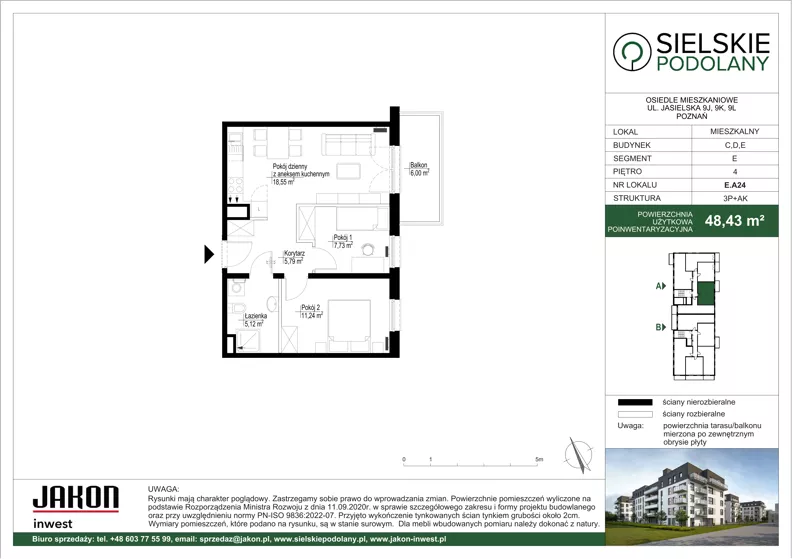3 pokoje, mieszkanie 48,43 m², piętro 4, oferta nr E.A24, Sielskie Podolany, Poznań, Podolany, Podolany, ul. Jasielska 9
