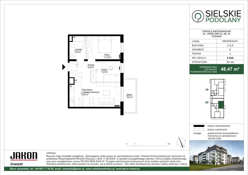 3 pokoje, mieszkanie 48,47 m², piętro 4, oferta nr E.B46, Sielskie Podolany, Poznań, Podolany, Podolany, ul. Jasielska 9