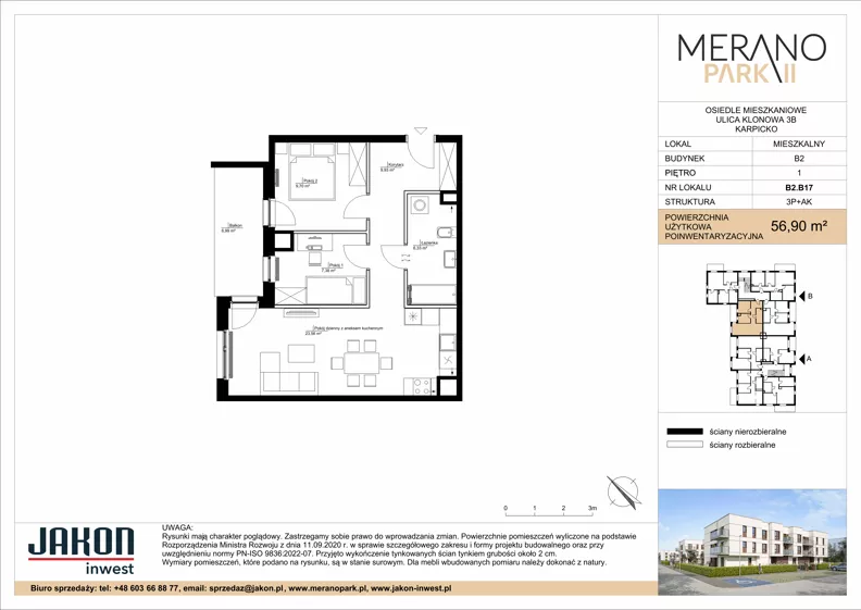 3 pokoje, mieszkanie 56,90 m², piętro 1, oferta nr B2.B17, Merano Park II, Wolsztyn, ul. Klonowa 3