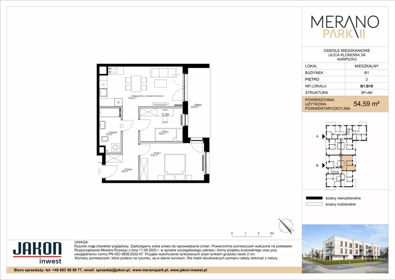 3 pokoje, mieszkanie 54,59 m², piętro 2, oferta nr B1.B19, Merano Park II, Wolsztyn, ul. Klonowa 3