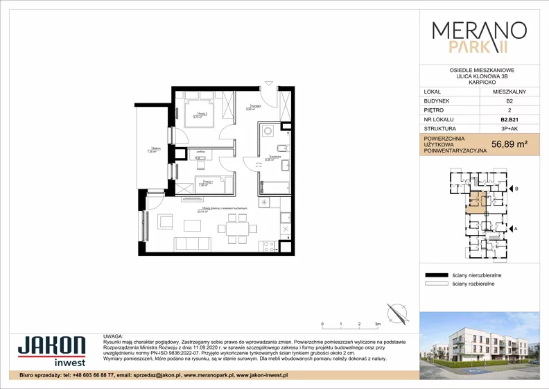 3 pokoje, mieszkanie 56,89 m², piętro 2, oferta nr B2.B21, Merano Park II, Wolsztyn, ul. Klonowa 3