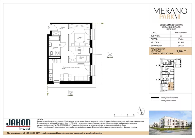 3 pokoje, mieszkanie 51,64 m², parter, oferta nr B3.B12, Merano Park II, Wolsztyn, ul. Klonowa 3