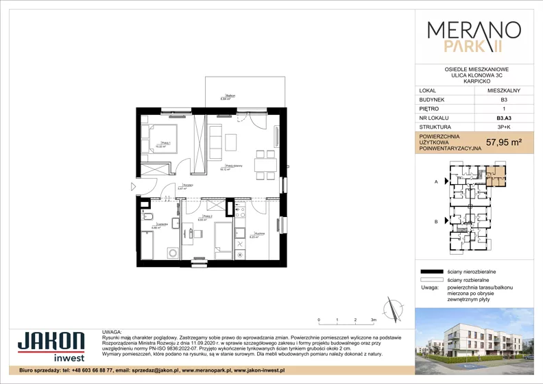 3 pokoje, mieszkanie 57,95 m², piętro 1, oferta nr B3.A3, Merano Park II, Wolsztyn, ul. Klonowa 3