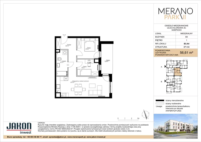 3 pokoje, mieszkanie 56,61 m², piętro 1, oferta nr B3.A4, Merano Park II, Wolsztyn, ul. Klonowa 3
