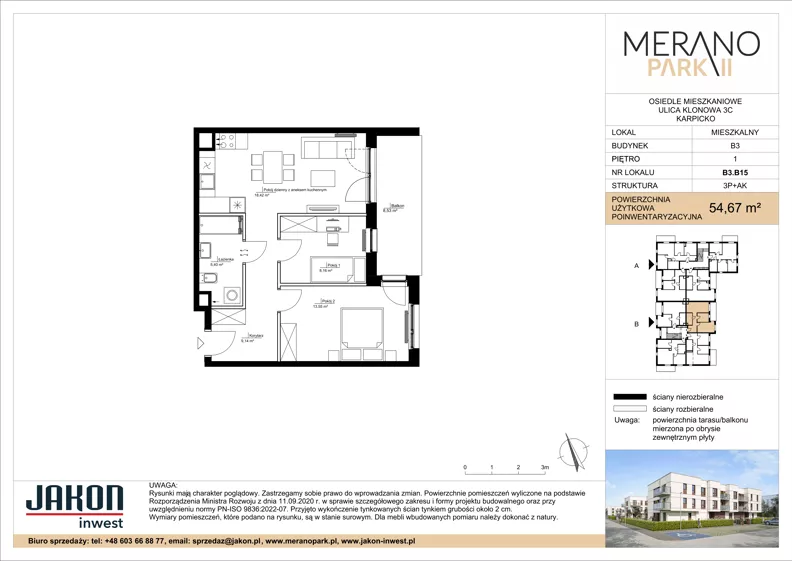 3 pokoje, mieszkanie 54,67 m², piętro 1, oferta nr B3.B15, Merano Park II, Wolsztyn, ul. Klonowa 3