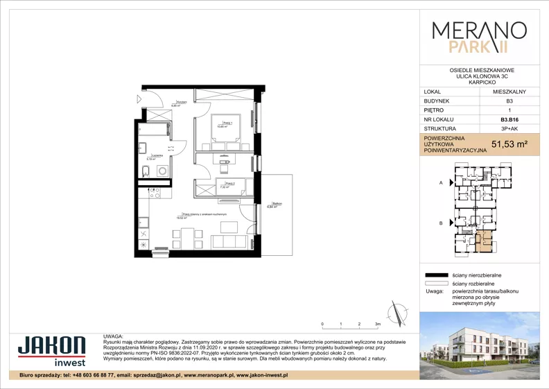 3 pokoje, mieszkanie 51,53 m², piętro 1, oferta nr B3.B16, Merano Park II, Wolsztyn, ul. Klonowa 3