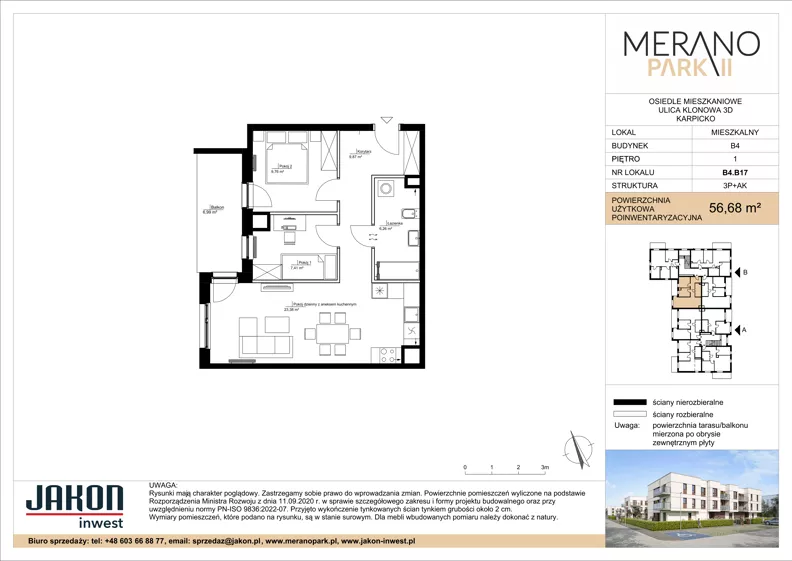 3 pokoje, mieszkanie 56,68 m², piętro 1, oferta nr B4.B17, Merano Park II, Wolsztyn, ul. Klonowa 3
