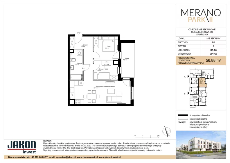 3 pokoje, mieszkanie 56,88 m², piętro 2, oferta nr B3.A8, Merano Park II, Wolsztyn, ul. Klonowa 3