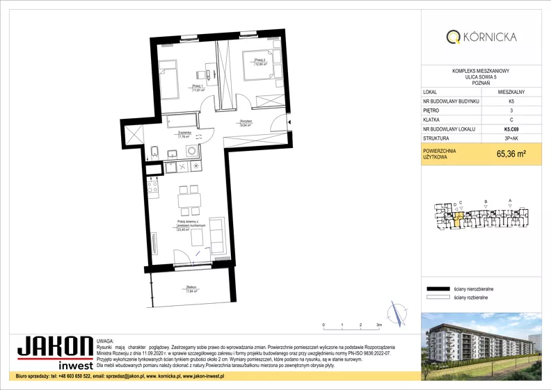3 pokoje, mieszkanie 65,36 m², piętro 3, oferta nr K5.C69, Kórnicka, Poznań, Rataje, Łacina, ul. Kórnicka