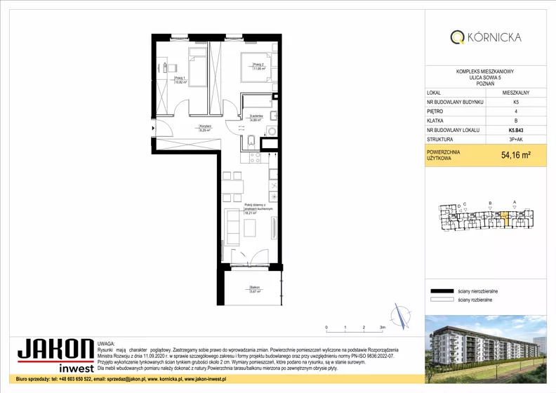 3 pokoje, mieszkanie 54,16 m², piętro 4, oferta nr K5.B43, Kórnicka, Poznań, Rataje, Łacina, ul. Kórnicka