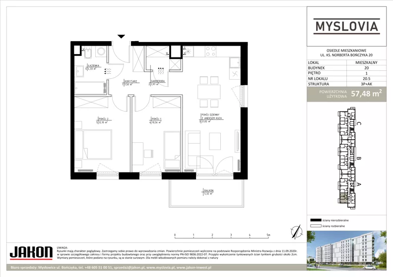 3 pokoje, mieszkanie 57,48 m², piętro 1, oferta nr 20.5, Myslovia, Mysłowice, ul. Ks. Norberta Bończyka 20
