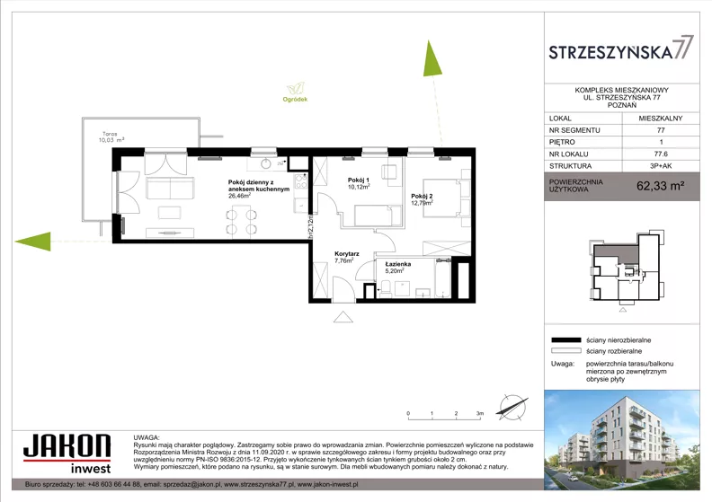 3 pokoje, mieszkanie 62,33 m², piętro 1, oferta nr 77.6, Strzeszyńska 77, Poznań, Podolany, ul. Strzeszyńska 77