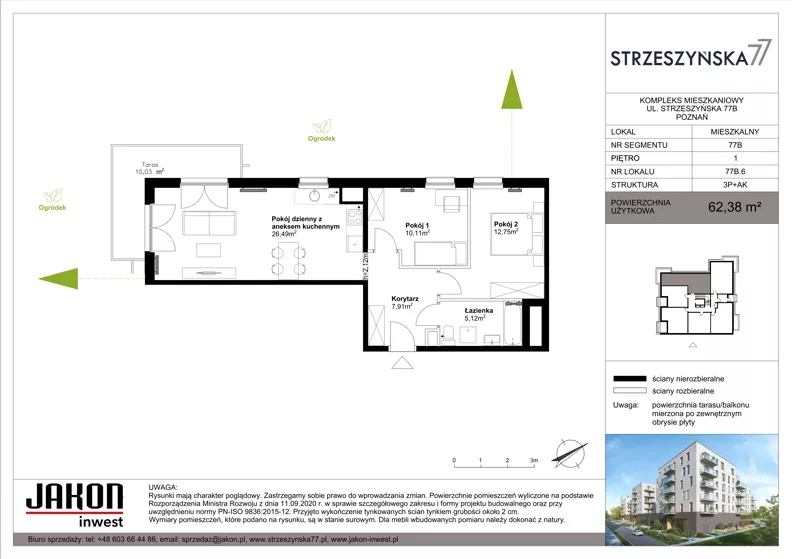 3 pokoje, mieszkanie 62,38 m², piętro 1, oferta nr 77B.6, Strzeszyńska 77, Poznań, Podolany, ul. Strzeszyńska 77