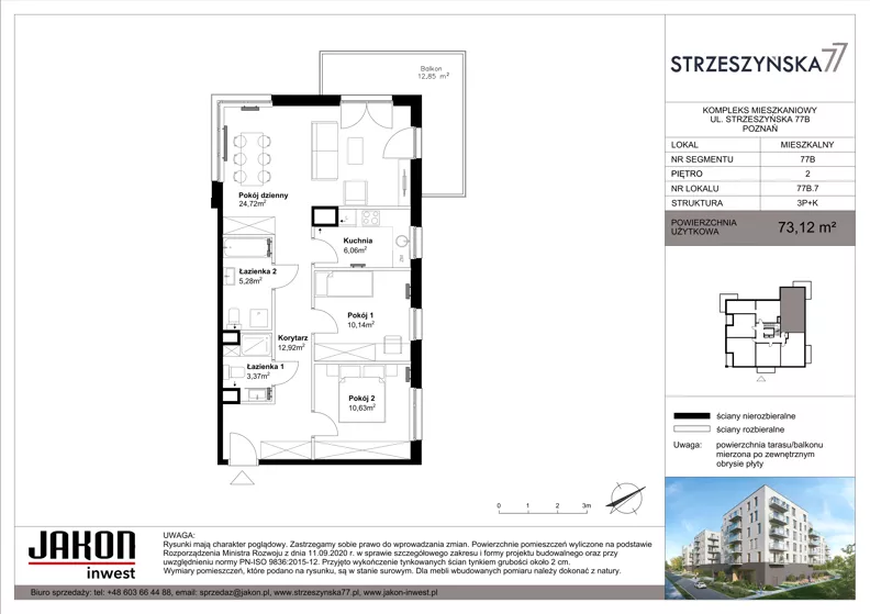 3 pokoje, mieszkanie 73,12 m², piętro 2, oferta nr 77B.7, Strzeszyńska 77, Poznań, Podolany, ul. Strzeszyńska 77