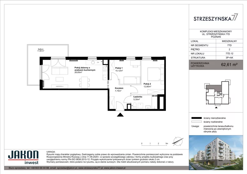 3 pokoje, mieszkanie 62,61 m², piętro 2, oferta nr 77D.12, Strzeszyńska 77, Poznań, Podolany, ul. Strzeszyńska 77