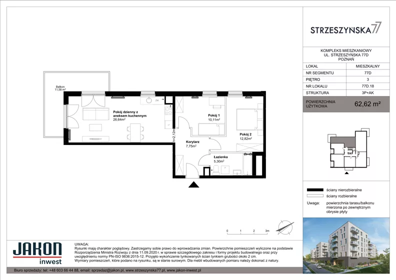 3 pokoje, mieszkanie 62,62 m², piętro 3, oferta nr 77D.18, Strzeszyńska 77, Poznań, Podolany, ul. Strzeszyńska 77