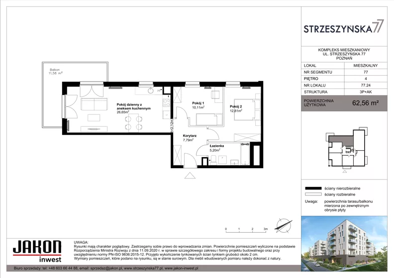 3 pokoje, mieszkanie 62,56 m², piętro 4, oferta nr 77.24, Strzeszyńska 77, Poznań, Podolany, ul. Strzeszyńska 77