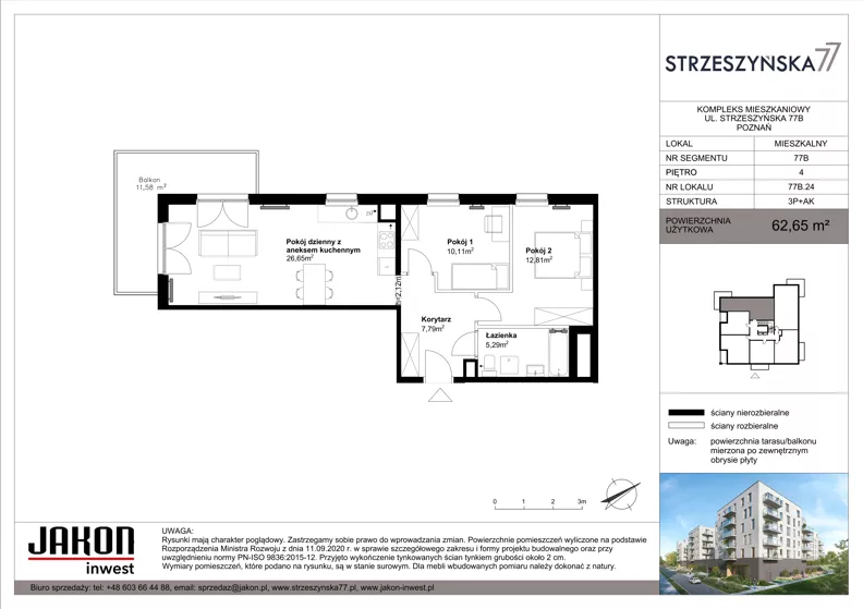 3 pokoje, mieszkanie 62,65 m², piętro 4, oferta nr 77B.24, Strzeszyńska 77, Poznań, Podolany, ul. Strzeszyńska 77