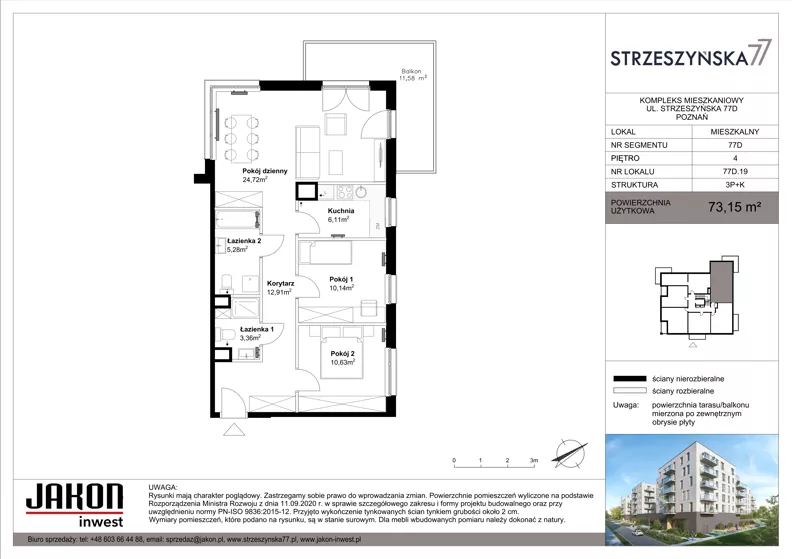 3 pokoje, mieszkanie 73,15 m², piętro 4, oferta nr 77D.19, Strzeszyńska 77, Poznań, Podolany, ul. Strzeszyńska 77