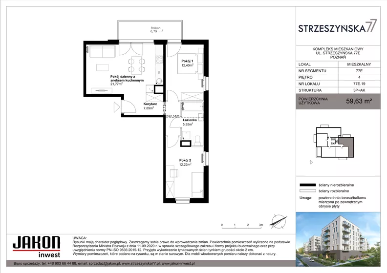 3 pokoje, mieszkanie 59,63 m², piętro 4, oferta nr 77E.19, Strzeszyńska 77, Poznań, Podolany, ul. Strzeszyńska 77
