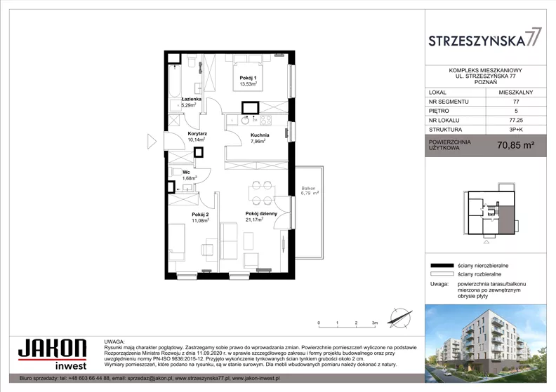 3 pokoje, mieszkanie 70,85 m², piętro 5, oferta nr 77.25, Strzeszyńska 77, Poznań, Podolany, ul. Strzeszyńska 77