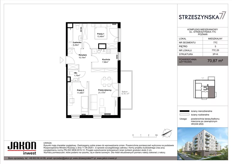 3 pokoje, mieszkanie 70,87 m², piętro 5, oferta nr 77C.25, Strzeszyńska 77, Poznań, Podolany, ul. Strzeszyńska 77