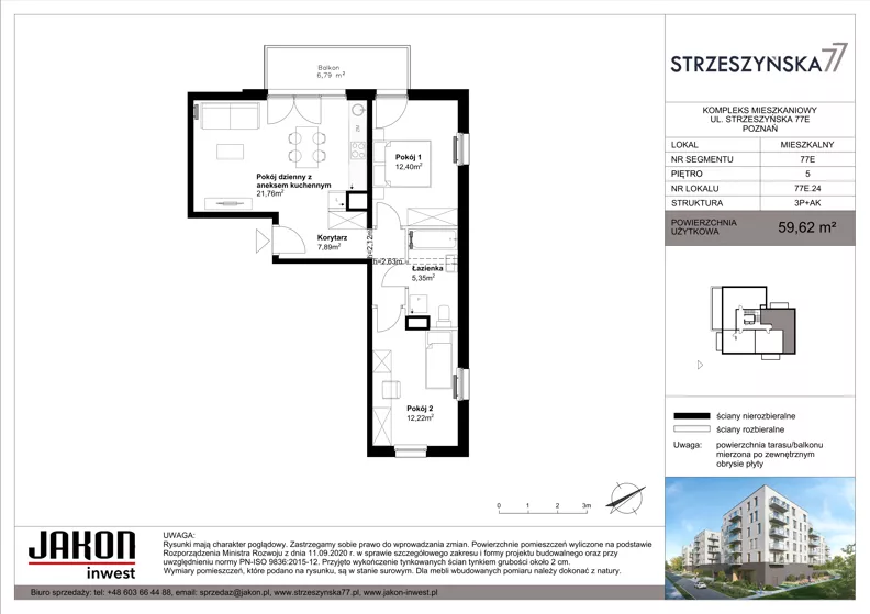 3 pokoje, mieszkanie 59,62 m², piętro 5, oferta nr 77E.24, Strzeszyńska 77, Poznań, Podolany, ul. Strzeszyńska 77
