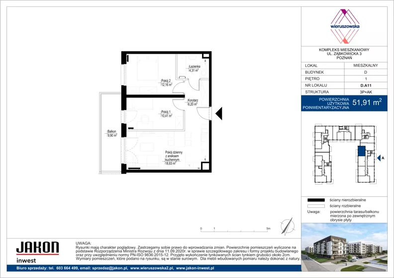 3 pokoje, mieszkanie 51,91 m², piętro 1, oferta nr D.A11, Wieruszowska, Poznań, Grunwald, Junikowo, ul. Wieruszowska 4