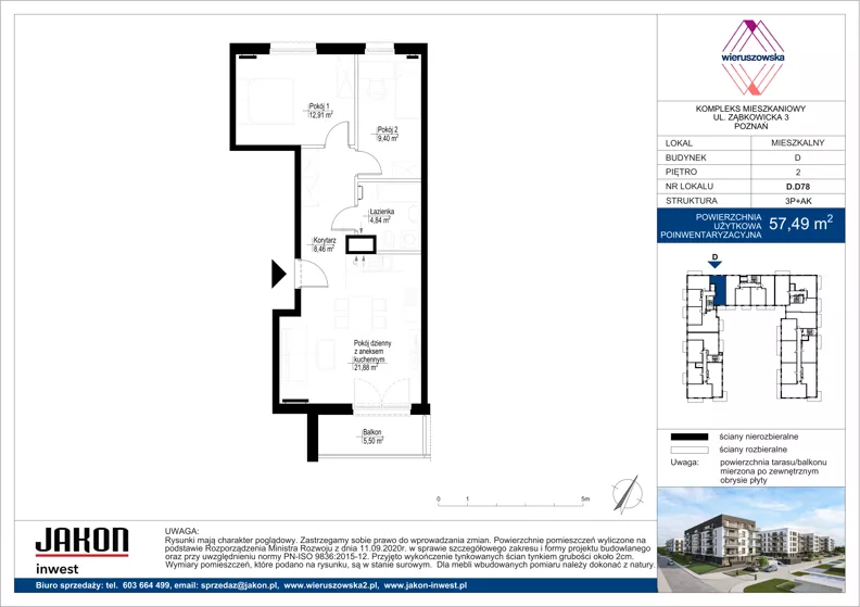 3 pokoje, mieszkanie 57,49 m², piętro 2, oferta nr D.D78, Wieruszowska, Poznań, Grunwald, Junikowo, ul. Wieruszowska 4