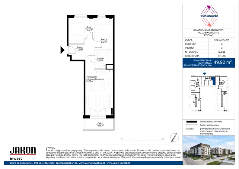 3 pokoje, mieszkanie 49,92 m², piętro 3, oferta nr D.C60, Wieruszowska, Poznań, Grunwald, Junikowo, ul. Wieruszowska 4