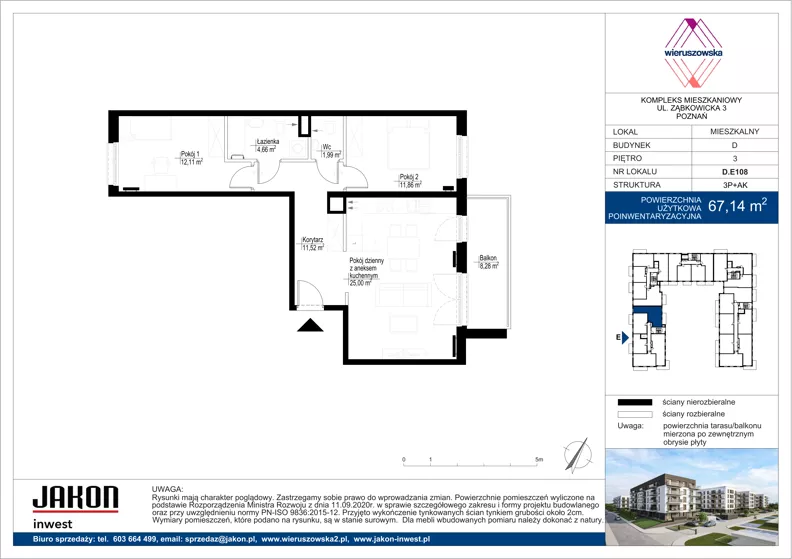 3 pokoje, mieszkanie 67,14 m², piętro 3, oferta nr D.E108, Wieruszowska, Poznań, Grunwald, Junikowo, ul. Wieruszowska 4