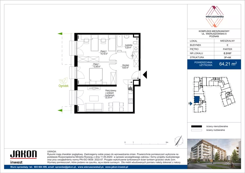 3 pokoje, mieszkanie 64,21 m², parter, oferta nr E.D107, Wieruszowska, Poznań, Grunwald, Junikowo, ul. Wieruszowska 4