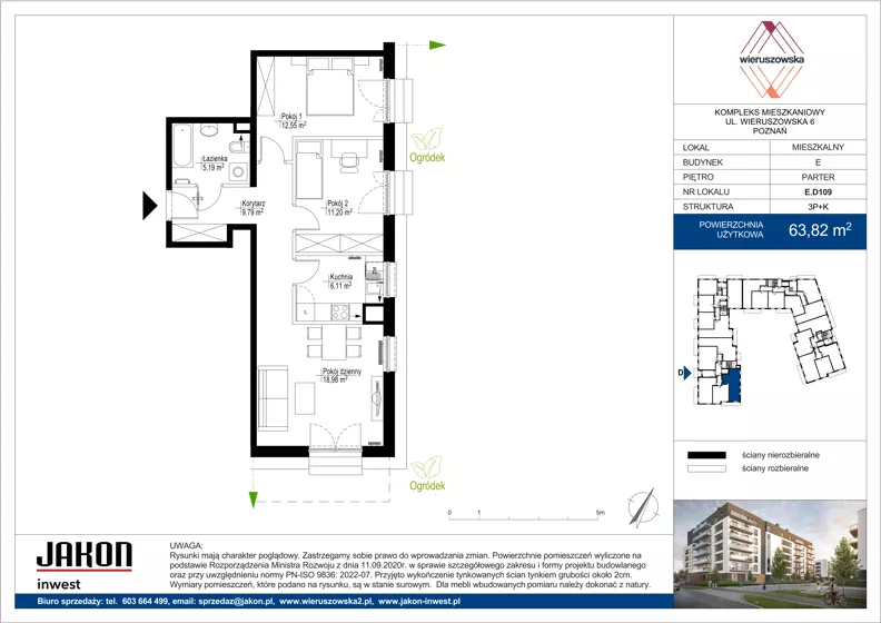 3 pokoje, mieszkanie 63,82 m², parter, oferta nr E.D109, Wieruszowska, Poznań, Grunwald, Junikowo, ul. Wieruszowska 4