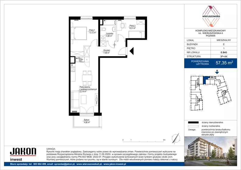 3 pokoje, mieszkanie 57,35 m², piętro 1, oferta nr E.B43, Wieruszowska, Poznań, Grunwald, Junikowo, ul. Wieruszowska 4