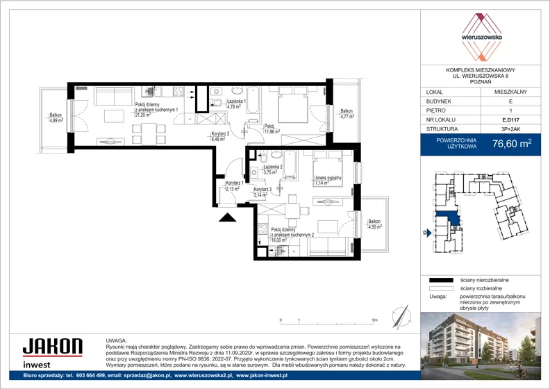 3 pokoje, mieszkanie 76,60 m², piętro 1, oferta nr E.D117, Wieruszowska, Poznań, Grunwald, Junikowo, ul. Wieruszowska 4