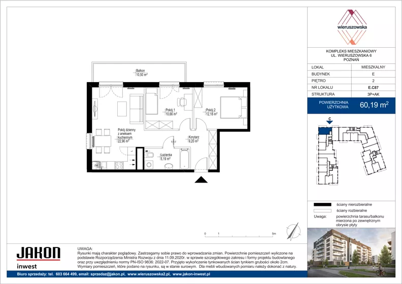 3 pokoje, mieszkanie 60,19 m², piętro 2, oferta nr E.C87, Wieruszowska, Poznań, Grunwald, Junikowo, ul. Wieruszowska 4